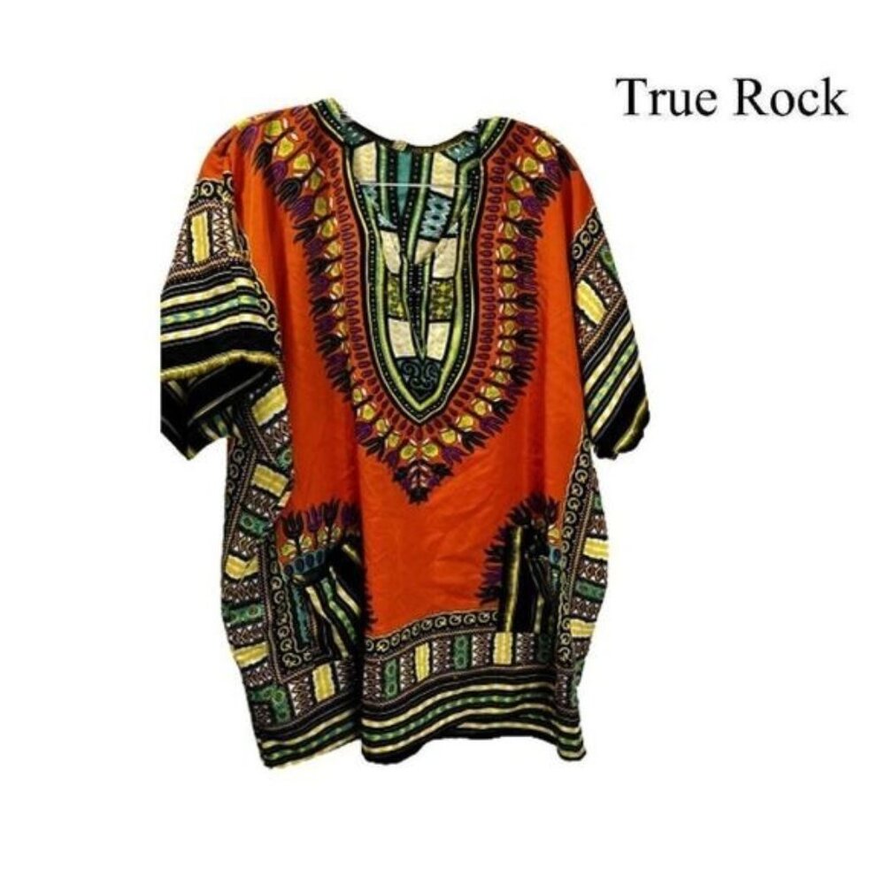 True Rock Women's Orange African‎ Dashiki Dress Shirt/V neck Tunic Top